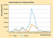 Darstellung des Schwärmverlaufs des Kupferstechers an zwei Standorten. Beide Fallen zeigen ein deutliches Pik zwischen der 26. und der 28. Kalenderwoche.