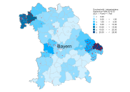 Bayernkarte mit verschieden blau eingefärbten Landkreisen und vielen roten Punkten.
