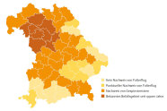 Karte von Bayern, Norden rot, Osten und Süden gelb, alles andere orange