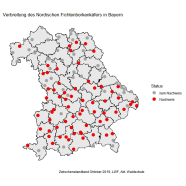 Bayernkarte mit roten Punkten, wo Käfer nachgewiesen wurden.