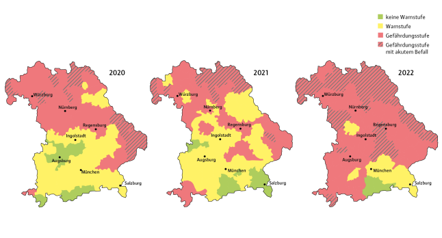 Abb. 3: Die Grafik zeigt den Borkenkäferbefall auf der Karte Bayerns 2020-2022.