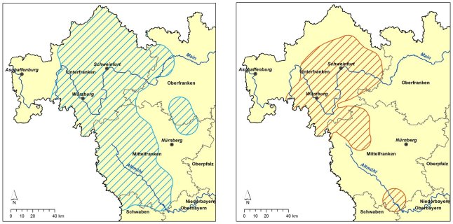 Zwei nebeneinander stehende Karten von Bayern mit farbig markierten Gebieten.