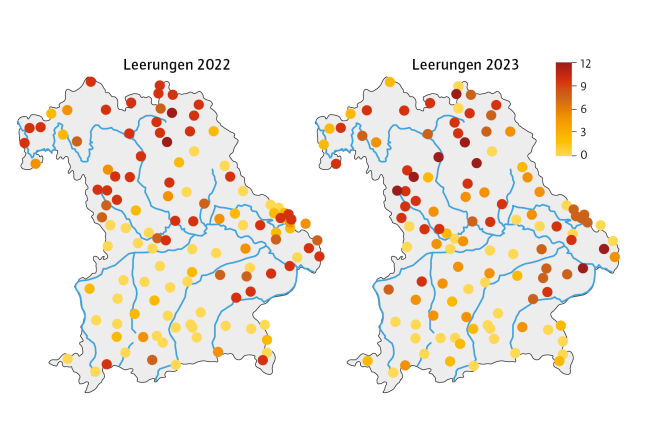 Bayernkarte mit dem Vergleich der Füllstände der wöchentlichen Leerungen 2022, 2023.