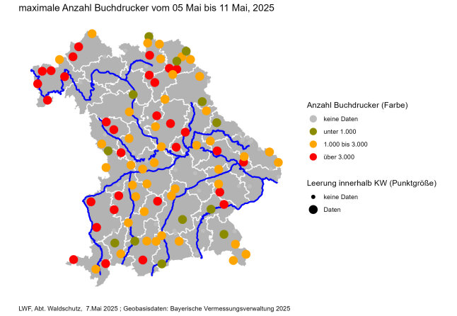 Übersichtskarte von Bayern mit verschiedenfarbigen Punkten, die die Höhe des Borkenkäferbefalls zeigen.