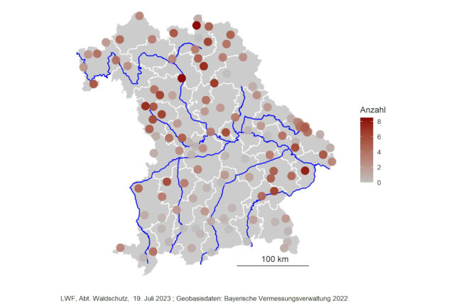 Bayernkarten mit Befallsschwerpunkten im Norden und Osten
