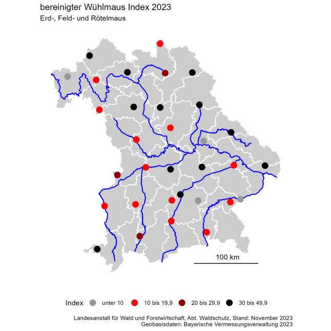 Bayernkarte zeigt regionale Verteilung der Fallenbelegungsindexe 2023