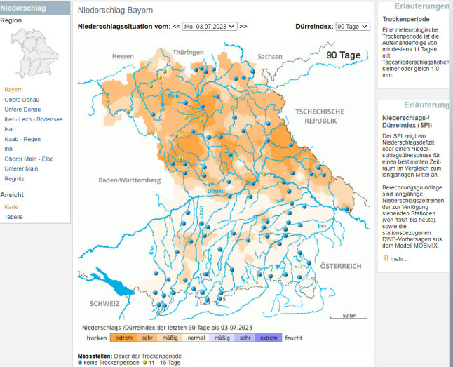 Bayernkarte zeigt Niederschlagsindex der letzten 90 Tage in Bayern