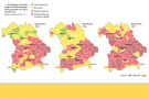 Drei Deutschlandkarten von 2015 bis 2017 mit Einfärbung wo der Buchdrucker am häufigsten vorkommt. Rot gekennzeichent besonder Ober- ,Niederbayern, Oberpfalz und Schwaben