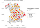 Bayernkarte mit verschiedenfarbigen Vierecken. Die Orange und rote stehen für hohe und sehr hohe Ergebnisse.