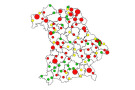 Bayernkarte mit roter Markierung der akuten Kupferstechergefährdung an den Messstellen