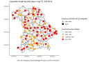 Bayernkarte mit roten Vierecken für gemeldete Käferfänge 2019.