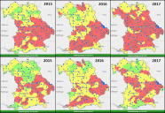 Sechs Karten für die Gefährdung der bayerischen Wälder. Oben drei Karten für den Buchrducker, unten für den Kupferstecher.