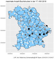 Blau schraffierte Karte von Bayern mit vielen Punkten für Buchdruckerfangergebnisse. Weiße Punkte stehen für geringe, schwarze für hohe Fangzahlen.