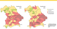 zwei landkarten von Bayern, die die geographische Borkenkäfergefährdung in den Jahren 2015 und 2016 zeigt