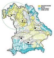 Umrisskarte von Bayern. Das Überwachungsgebiet ist als Kreis markiert und beinhaltet Unterfranken sowie große Teile von Ober- und Mittelfranken.