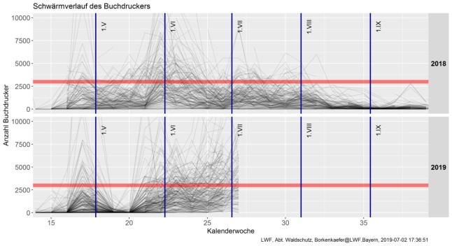 Grafik zur Entwicklung des Schwärmverlaufs anhand gefangener Käfer.