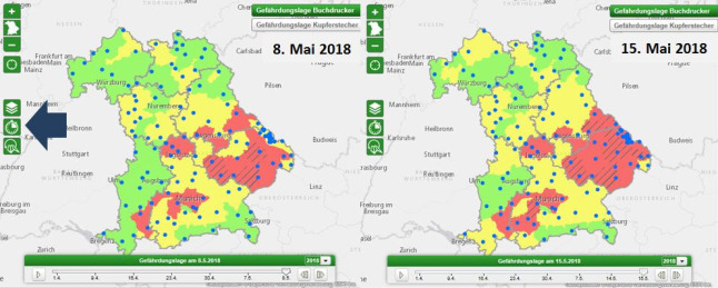 Zwei Bayernkarten mit verschieden eingefärbten Bereichen für die Borkenkäfergefährdung