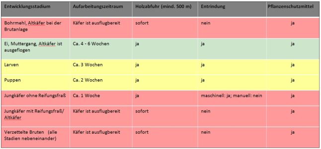 Tabelle mit bunten Feldern zur Dringlichkeit entsprechender Maßnahmen zur Borkenkäferbekämpfung.