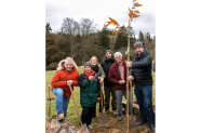 Beteiligte an der Pflanzaktion stehen für ein Gruppenbild bei einem gepflanzten Baum.
