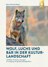 Weißes Buchcover mit Foto eines Wolfes