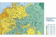 Europa Karte zeigt Winterhärtezonen für Gehölze. Westeuropa ist milder als Teile Osteuropas