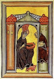Man sieht ein mittelalterliches Bild einer Frau, die in einer Schüssel rührt und einem Mann, der dabei zuschaut. Beide befinden sich in einer Burg.