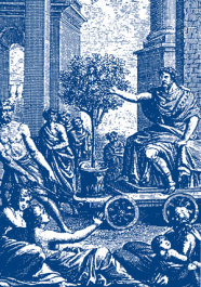 Szene in der Antike: Im Mittelpunkt steht ein Mann in einem Triumphwagen, der einen Kirschbaum transportiert. Um ihn herum sitzen Menschen, die zu ihm aufschauen.