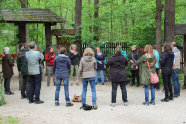 Eine Menschengruppe steht im Kreis auf einem Waldweg