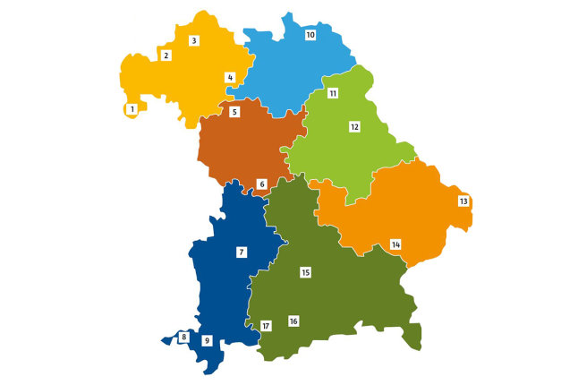 Politische Karte von Bayern; Regierungsbezirke farbig abgegrenzt