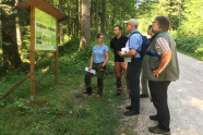 Eine Gruppe Männer und Frauen stehe vor einer Schautafel im Wald