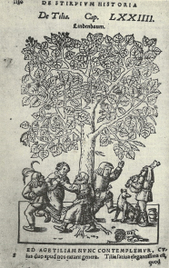 Schwarz-weiße Zeichnung, auf der Bauern im 16. Jahrhundert um einen Baum tanzen.