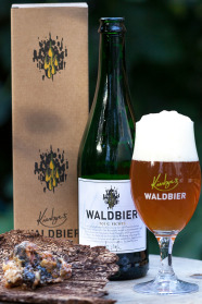 Flasche Bier mit Karton und einem mit Bier gefüllten Glas