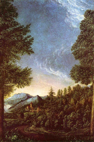 Gemälde zeit einen Nadelwald, Berge im Hintergrund und einer Burg in der Mitte. 