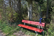 Eine rote Bank steht im Wald, an die Bank sind blaue Krücken gelehnt