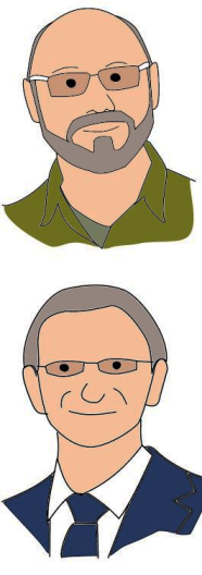 Zwei gezeichnete Kopfporträts von Herren untereinander.
